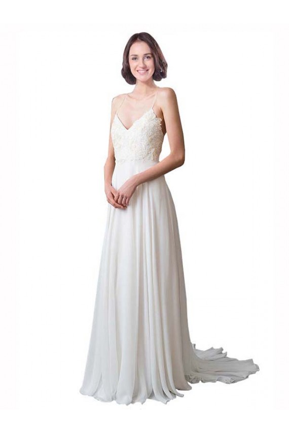 Soft Chiffon & Lace V-Neck A-Line Ivory Beach Wedding Dress Derby