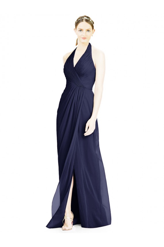 Soft Chiffon V-Neck Open Back A-Line Dark Navy Formal Dress / Bridesmaid Dress Derby