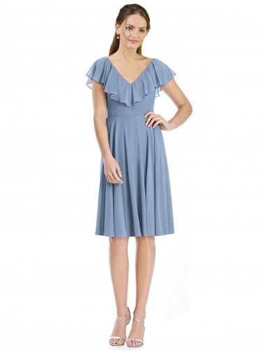 Soft Chiffon V-Neck Cocktail Length A-Line Dusty Blue Bridesmaid Dress Derby
