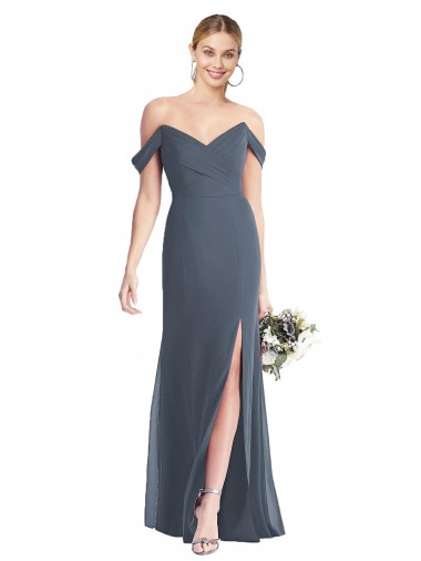 Soft Chiffon Off the Shoulder Open Back Trumpet Silver Stone Bridesmaid Dress Derby