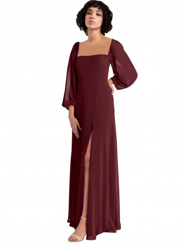 Chiffon Square Neck A-Line Burgundy Gold Bridesmaid Dress / Evening Dress Derby