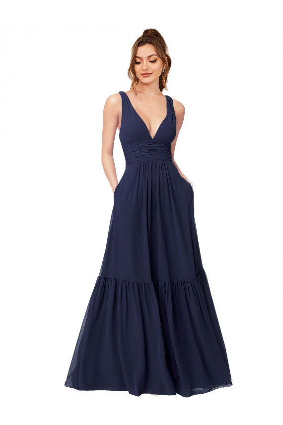 Chiffon V-Neck V-Back A-Line Dark Navy Evening Gowns / Bridesmaid Dress Derby