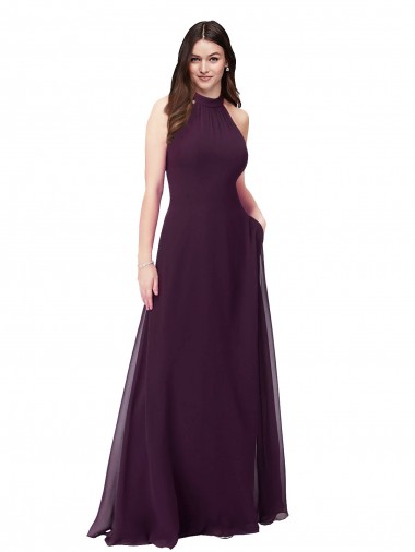 Soft Chiffon High Neck Keyhole Back A-Line Grape Bridesmaid Dress Derby