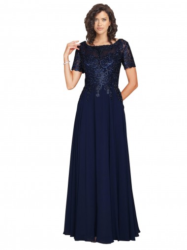 Soft Chiffon Round Neck A-Line Dark Navy Prom Dress / Bridesmaid Dress Derby