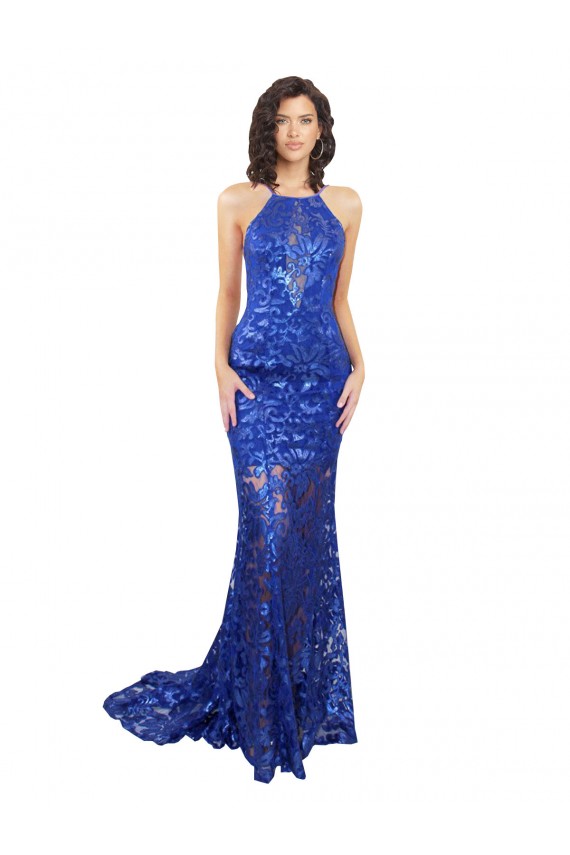 Lace High Neck Open Back Mermaid Royal Blue Semi Formal Evening Dress / Prom Dress / Bridesmaid Dress Derby