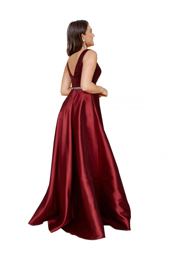 Satin V-Neck V-Back A-Line Burgundy Formal Plus Size Evening Gown / Prom Dress / Bridesmaid Dress Derby