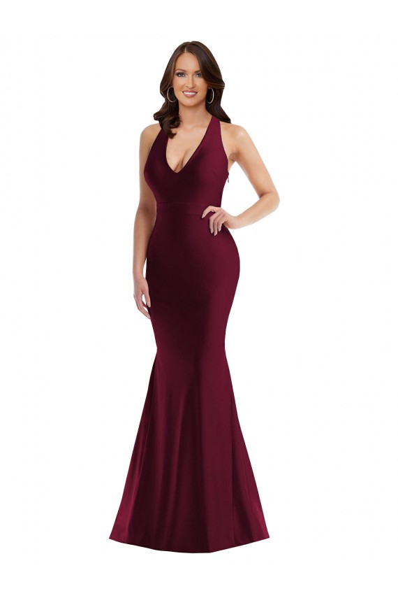 Silk like Satin V-Neck Open Back Mermaid Burgundy Formal Plus Size Evening Gown / Prom Dress / Bridesmaid Dress Derby