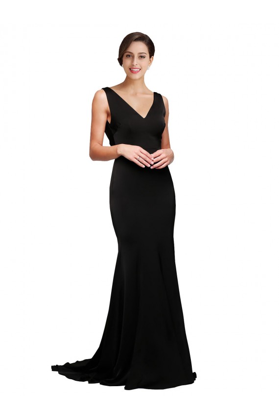 Silk like Satin V-Neck Low Back A-Line Black Formal Evening Gown / Prom Dress / Bridesmaid Dress Derby