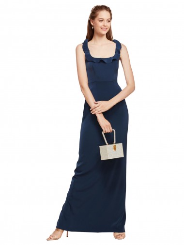 Stretch Crepe Scoop Neck Low Back Sheath Dark Navy Formal Evening Gown / Prom Dress / Bridesmaid Dress Derby