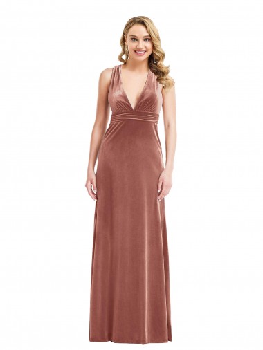 Stretch Velvet V-Neck Open Back A-Line Cinnamon Rose Bridesmaid Dress / Evening Dress Derby