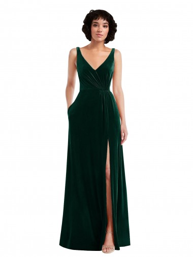 Stretch Velvet V-Neck V-Back A-Line Dark Green Bridesmaid Dress / Evening Dress Derby